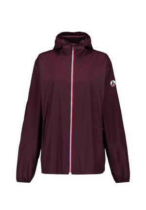 Donkerpaarse lichtgewicht jas met capuchon, een ritssluiting aan de voorkant, elastische manchetten en een ronde logo patch op de linker mouw.