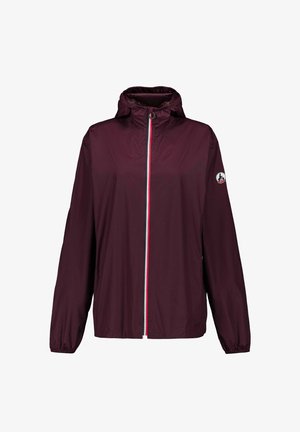 Donkerpaarse lichtgewicht jas met capuchon, een ritssluiting aan de voorkant, elastische manchetten en een ronde logo patch op de linker mouw.