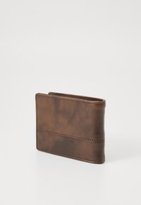 Brown leather wallet with a smooth texture, featuring a horizontal stitch detail and a bi-fold design. Compact and minimalistic shape.