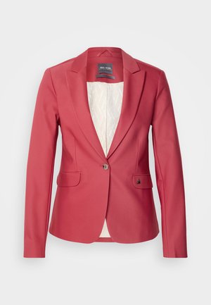 Červený blazer s tvarovaným střihem, jednobutton, dvě přední kapsy a vzorovanou krémovou podšívkou. Hladká tkanina s mírným leskem.