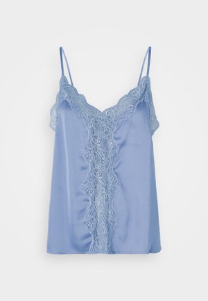 Light blue satin camisole with lace trim along the neckline and front, featuring thin adjustable straps and a smooth texture.