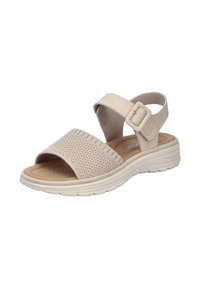 Beige sandal with a textured fabric upper, adjustable strap, and cushioned insole. Features a lightweight, grooved outsole for grip.
