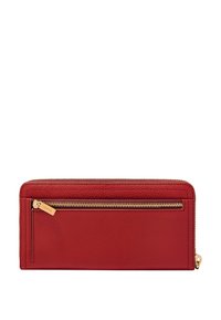 Portefeuille en cuir rouge avec fermeture zippée, finition texturée et quincaillerie en acier inoxydable doré. Comprend une poche zippée extérieure pour un rangement supplémentaire.