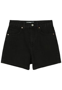 Shorts en denim noir à taille haute, cinq poches, accessoires en métal couleur cuivre et coupe droite. Texture lisse et design classique.