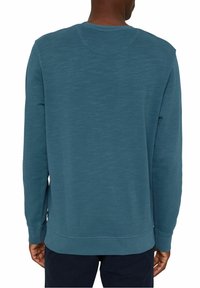 Sudadera de color verde azulado con mangas largas, cuello redondo y tejido texturizado. Presenta un dobladillo y puños acanalados, mostrando un corte relajado.