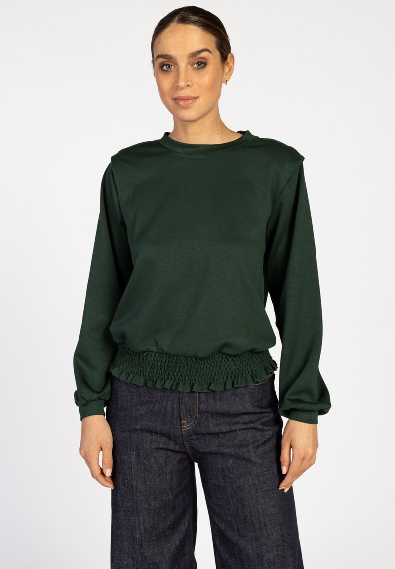 Groene lange mouwen sweatshirt met een gerimpelde rand onderaan, ronde halslijn en een ontspannen pasvorm. Gemaakt van zachte stof met een gladde textuur.