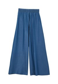 Culotte in denim con vita elasticizzata. Colore blu, design con gamba ampia e texture liscia senza motivi o hardware visibile.