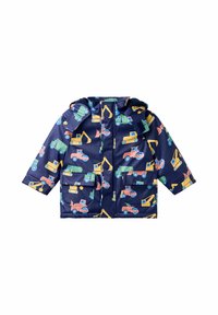 Tumedate rain jacket sinise värviga, millel on üle kogu pinna mitmevärvilised ehitusmasinate print. Kaks esipaneeli taskud ja nööbiga sulgemine.