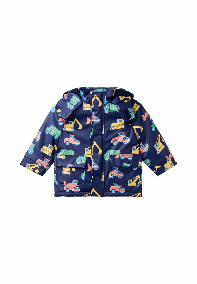 Tumedate rain jacket sinise värviga, millel on üle kogu pinna mitmevärvilised ehitusmasinate print. Kaks esipaneeli taskud ja nööbiga sulgemine.