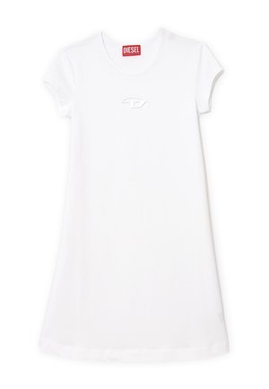 Vestito bianco a maniche corte in cotone, con un discreto logo ricamato sul petto, taglio rilassato e scollatura rotonda.