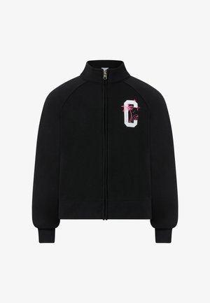 Zwarte ritsjas met hoge kraag, geribbelde manchetten en een wit-roze 'C'-logo met een palmboom en golf op de linkerborst.