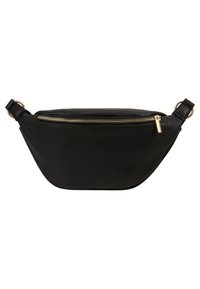 Sort læder crossbody taske med en buet form. Har en guldfarvet lynlås, flad design og en side rem med en ringdetalje.