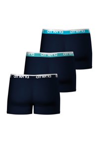 Trois paires de boxers bleu marine en tissu lisse, avec une bande blanche et turquoise portant le nom de la marque "aimend."
