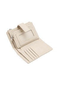 Beżowy skórzany portfel z teksturowaną powierzchnią, zamkniętą na zamek kieszenią, przezroczystą kieszonką na identyfikator oraz pięcioma przegródkami na karty. Kompaktowy i prostokątny kształt.
