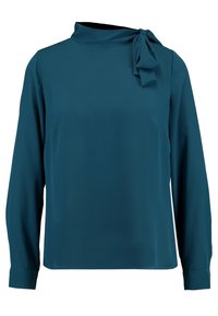 Teal langemouwblouse met een hoge kraag en een zijnek strikdetail, gemaakt van een gladde, lichte stof en heeft een losse pasvorm.