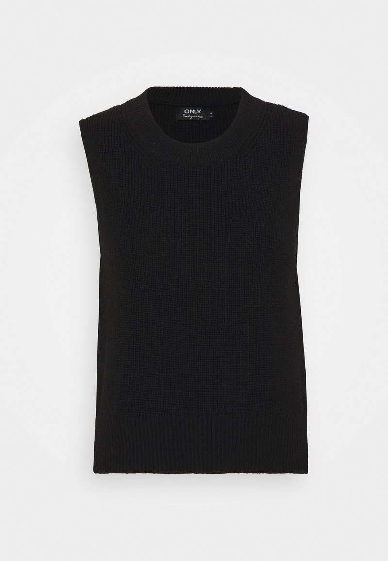 Gilet en tricot noir sans manches avec encolure et ourlet côtelés, étiqueté ONLY, présenté sur fond blanc.