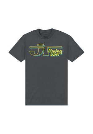 Mørkegrå bomulds T-shirt med et iøjnefaldende gult og blåt grafik af "JT Racing USA" på fronten. Korte ærmer og rund halsudskæring.
