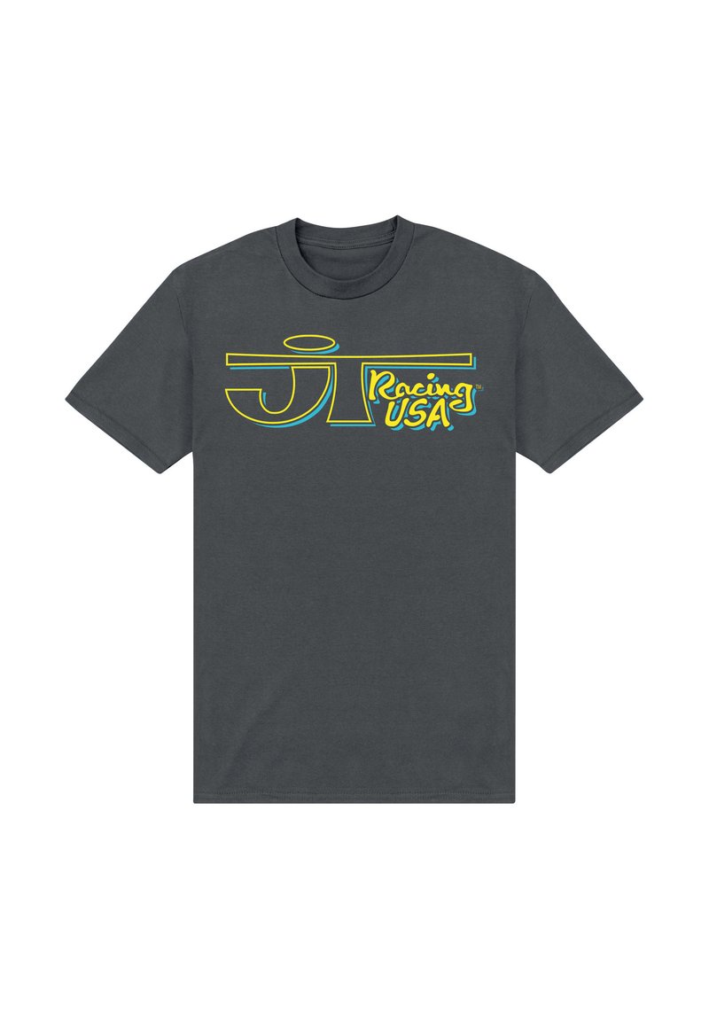 Mørkegrå bomulds T-shirt med et iøjnefaldende gult og blåt grafik af "JT Racing USA" på fronten. Korte ærmer og rund halsudskæring.