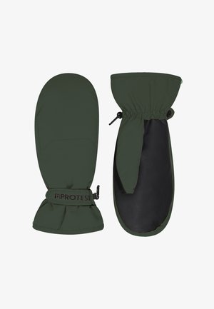 Groene sneeuwwant met een waterdichte buitenkant, leren palm, verstelbare polsband en elastische manchette voor een veilige pasvorm.