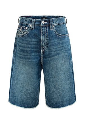 Szorty dżinsowe z widocznym przeszyciem, przednim guzikiem i zamkiem błyskawicznym, przednimi kieszeniami oraz postrzępionymi brzegami, w średnim odcieniu niebieskiego.