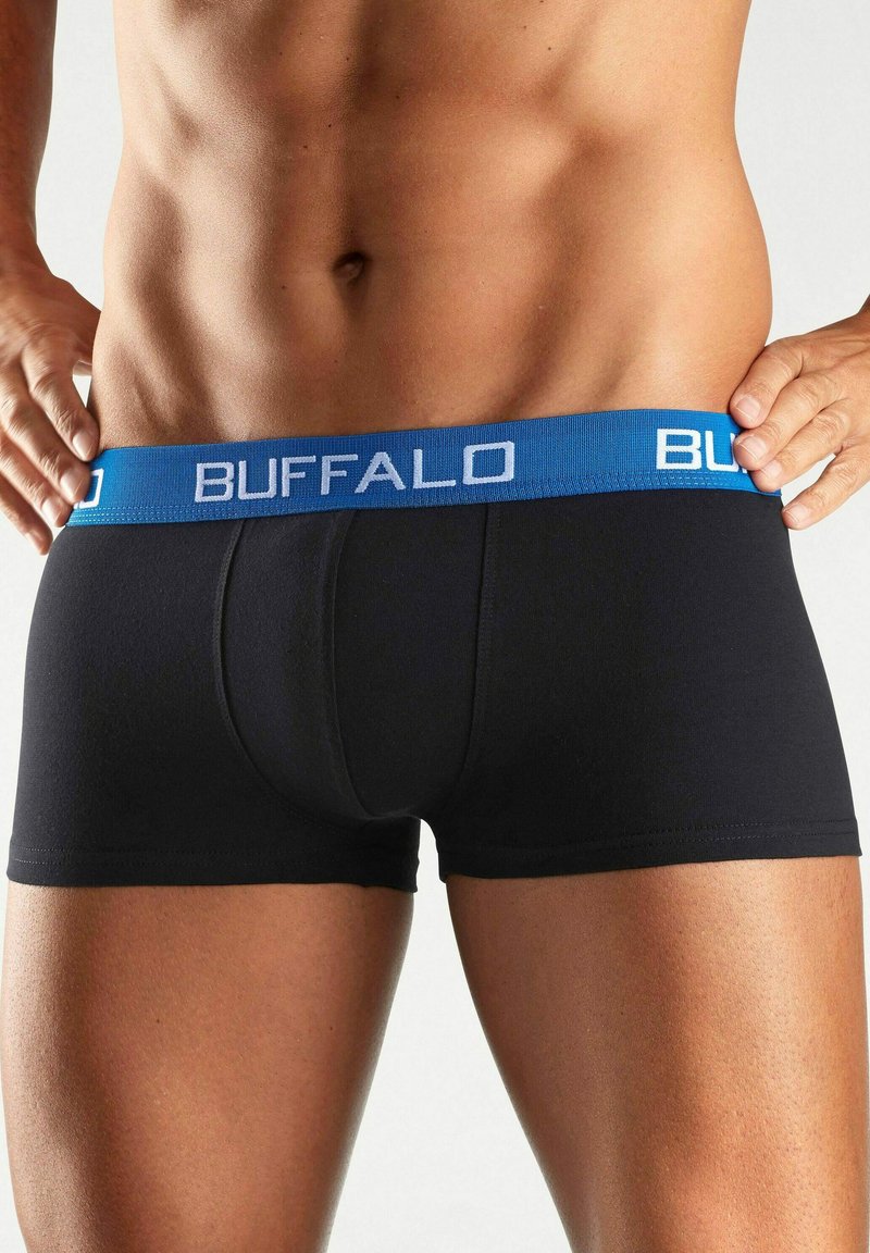 Black boxer briefs with a blue elastic waistband featuring the word "BUFFALO" in white lettering. Smooth texture and fitted design.