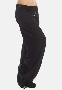 Black wide-leg pants with a drawstring waistband, featuring a smooth texture and side pockets. Ideal for comfort and casual wear.