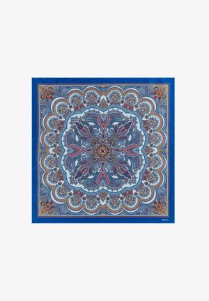 Blau gemusterter Schal mit aufwendigen Paisleymustern in Rot, Marineblau und Orange, mit glatter Textiloberfläche und gewelltem Rand.