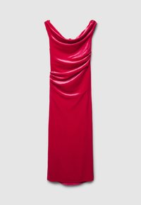 Rotes, ärmelloses Kleid mit drapiertem Ausschnitt und gerafftem Seitendetail, gefertigt aus glänzendem Stoff und fällt gerade bis zur Mitte der Wade.