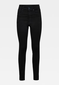Vaqueros ajustados negros de cintura alta, con cinco bolsillos, detalles de costura sutiles y una textura de denim suave.