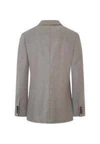 Blazer gris avec une texture unie, design ajusté, revers en pointe et poignets à quatre boutons. Il présente des coudières et une fente arrière unique.