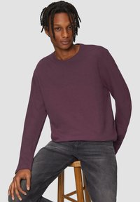 Langärmliges Sweatshirt mit Rundhalsausschnitt in einem tiefen lila Farbton, aus weichem Stoff gefertigt. Getragen mit dunklen Jeans, präsentiert vor einem neutralen Hintergrund.