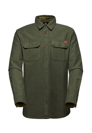 Groene, button-up shirt met twee borstzakken en bruine knopen. Gemaakt van een gestructureerde stof met een kraag en lange mouwen. Voering aan de binnenkant.