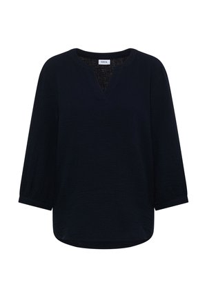 Schwarze langärmlige Bluse mit einer strukturierten Stoffqualität, rundem Ausschnitt mit V-förmigem Schlitz und einem leicht geschwungenen Saum.