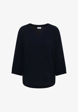 Schwarze langärmlige Bluse mit einer strukturierten Stoffqualität, rundem Ausschnitt mit V-förmigem Schlitz und einem leicht geschwungenen Saum.