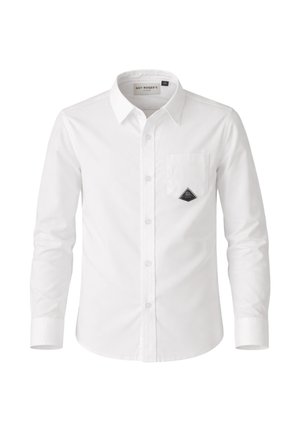 Camicia bianca a maniche lunghe con bottoni, colletto, taschino sul petto e piccolo logo nero a forma di diamante sulla tasca.