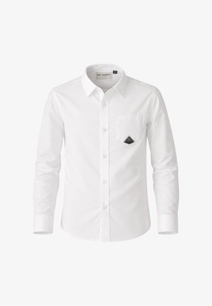 Camicia bianca a maniche lunghe con bottoni, colletto, taschino sul petto e piccolo logo nero a forma di diamante sulla tasca.