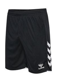 Schwarze Sportshorts mit elastischem Bund, weißen Chevron-Streifen an den Seiten und weißem Hummel-Logo in der Nähe des unteren Saums am linken Bein.