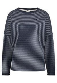 Maglietta a maniche lunghe blu navy con righe orizzontali bianche e scollatura rotonda, mostrata su uno sfondo bianco.