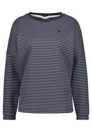 Donkerblauwe long-sleeve shirt met witte horizontale strepen en een ronde halslijn, getoond op een witte achtergrond.