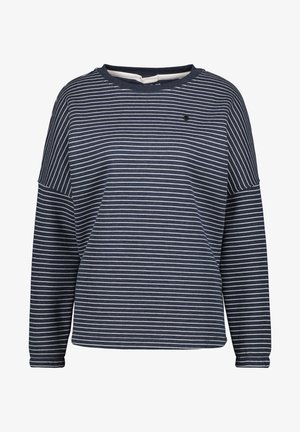 Donkerblauwe long-sleeve shirt met witte horizontale strepen en een ronde halslijn, getoond op een witte achtergrond.