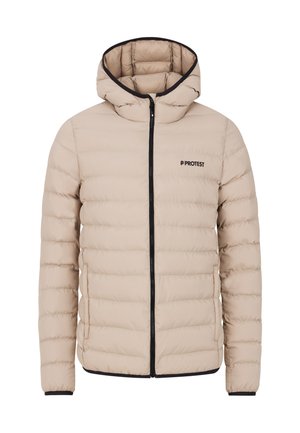 Beżowa kurtka puchowa z kapturem, z poziomym pikowaniem, zamek błyskawiczny z przodu oraz czarne akcenty na zamku i mankietach.