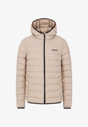 Beżowa kurtka puchowa z kapturem, z poziomym pikowaniem, zamek błyskawiczny z przodu oraz czarne akcenty na zamku i mankietach.