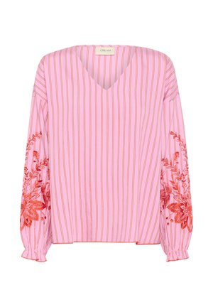 Pink blouse with vertical white stripes, V-neck, and long sleeves. Features detailed red floral embroidery on sleeves and gathered cuffs.