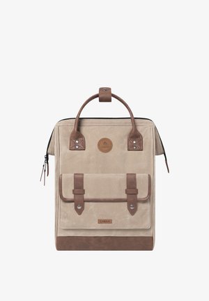 Beige Canvas-Rucksack mit braunen Lederakzenten, einem oberen Griff, einer Frontklappen-Tasche und einer glatten Textur. Reißverschlussverschluss an der Oberseite.