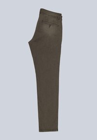 Dark green trousers with a straight-leg design, textured fabric, and a back pocket featuring a button closure.