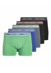 Cinci perechi de boxeri JACK & JONES în verde, albastru, gri, negru și cu talie cu dungi. Fabricat dintr-un material moale, cu un design ajustat.