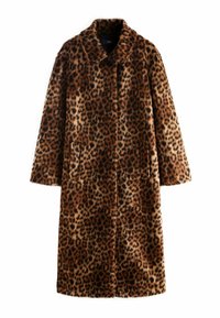 Leopard-print coat featuring a collar, long sleeves, two front pockets, and a soft, textured faux fur material in brown and black tones.