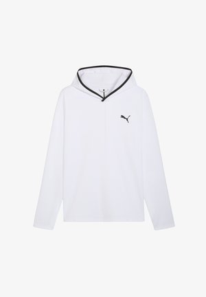 Witte hoodie met lange mouwen, een zwarte zoom aan de halslijn en een zwart Puma-logo op de borst. Gemaakt van glad, lichtgewicht stof.