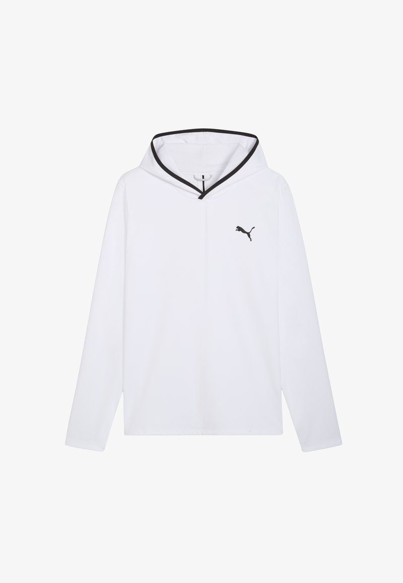 Sweat à capuche blanc à manches longues avec un bord d'encolure noir et un logo Puma noir sur la poitrine. Confectionné en tissu lisse et léger.
