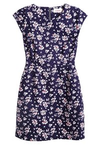 Navy blue floral dress with cap sleeves, featuring white and red flower patterns, a fitted waist, and a zip closure at the back.